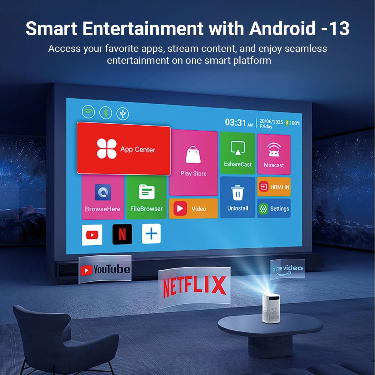 XElectron PocketBeam Android 13 Portable Smart Projector, 1080p Support, 6000 Lumens, 150 inch Screen, OTT Apps (Netflix, Prime, YouTube), Miracast, WiFi, BT, HDMI, Built-in Battery, 2hr Playtime