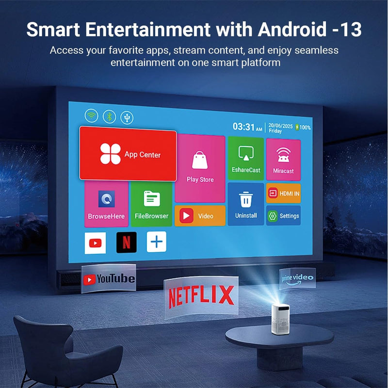 XElectron PocketBeam Android 13 Portable Smart Projector, 1080p Support, 6000 Lumens, 150 inch Screen, OTT Apps (Netflix, Prime, YouTube), Miracast, WiFi, BT, HDMI, Built-in Battery, 2hr Playtime