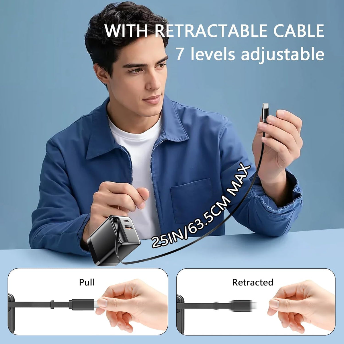 WISTAR USB C Charger 65W with 70cm Retractable Charging Cable, 3 Port PD PPS Fast Charger, GaN Power Supply with Type C and USB-A Compatible for MacBook Pro/Air, Galaxy S-A, iPhone 16-8 - image 5