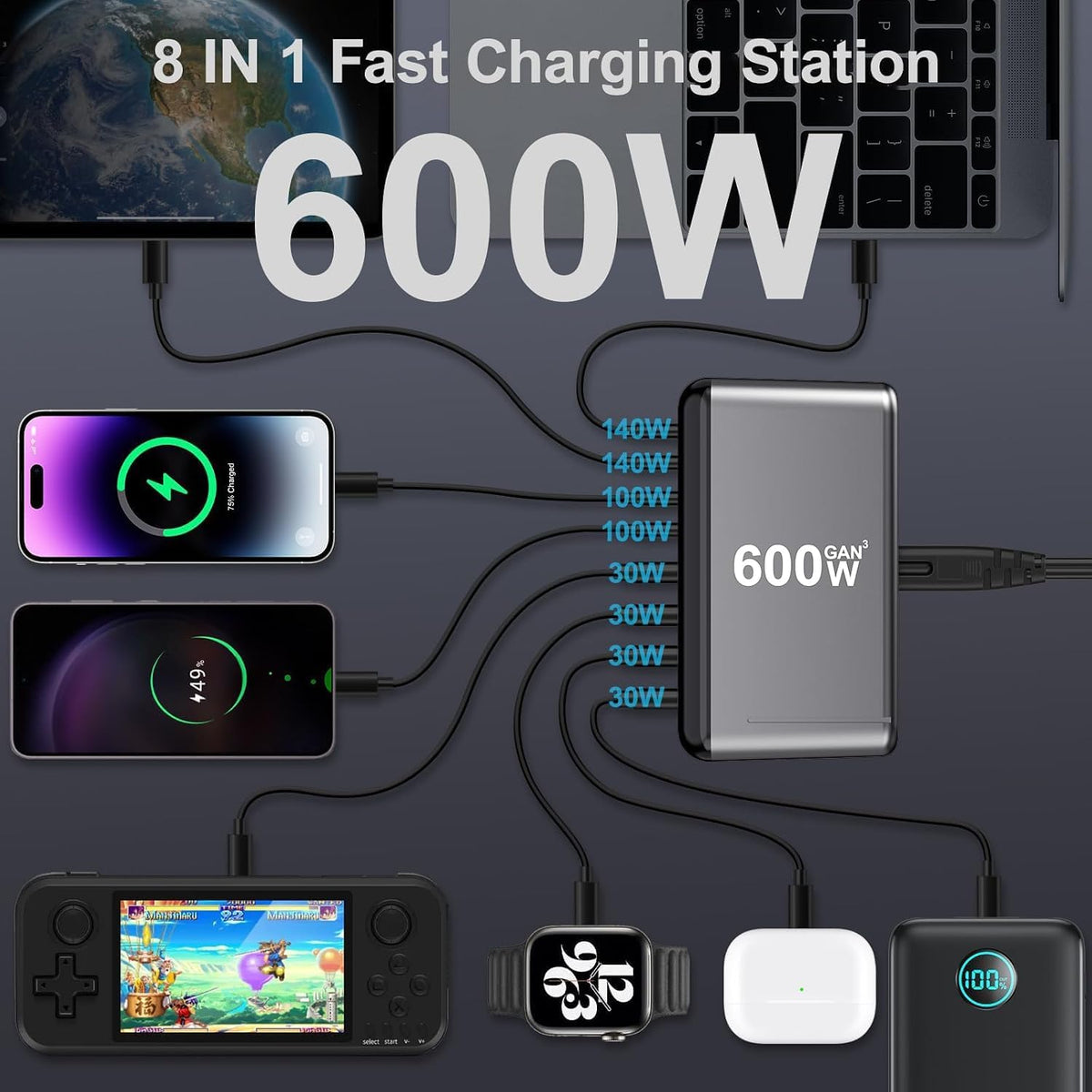 WISTAR WISTAR 600W 8-Port USB-C GaN Fast Charger, 140W USB-C PD Charger with 100W Ports, Multi-Port Charging Station for Laptop, MacBook, iPd, iPhone, Galaxy, Pixel and Android - image 7