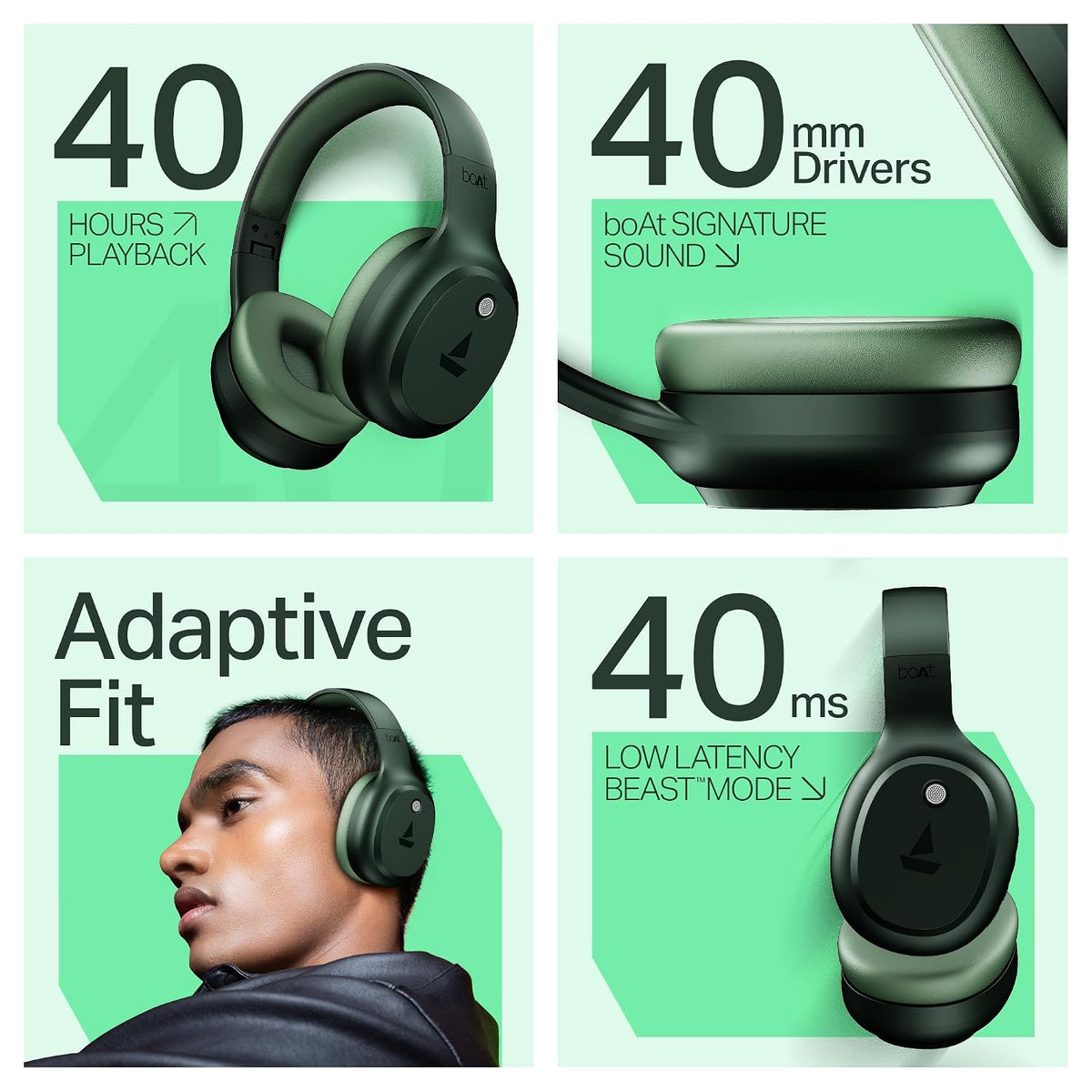 boAt Rockerz 421, 60H Battery, Low Latency(40Ms), 40Mm Drivers, ENx Tech, Stream Ad Free Music via App Support, Bluetooth Headphones, Wireless Over Ear Headphone with Mic (Sage Green)