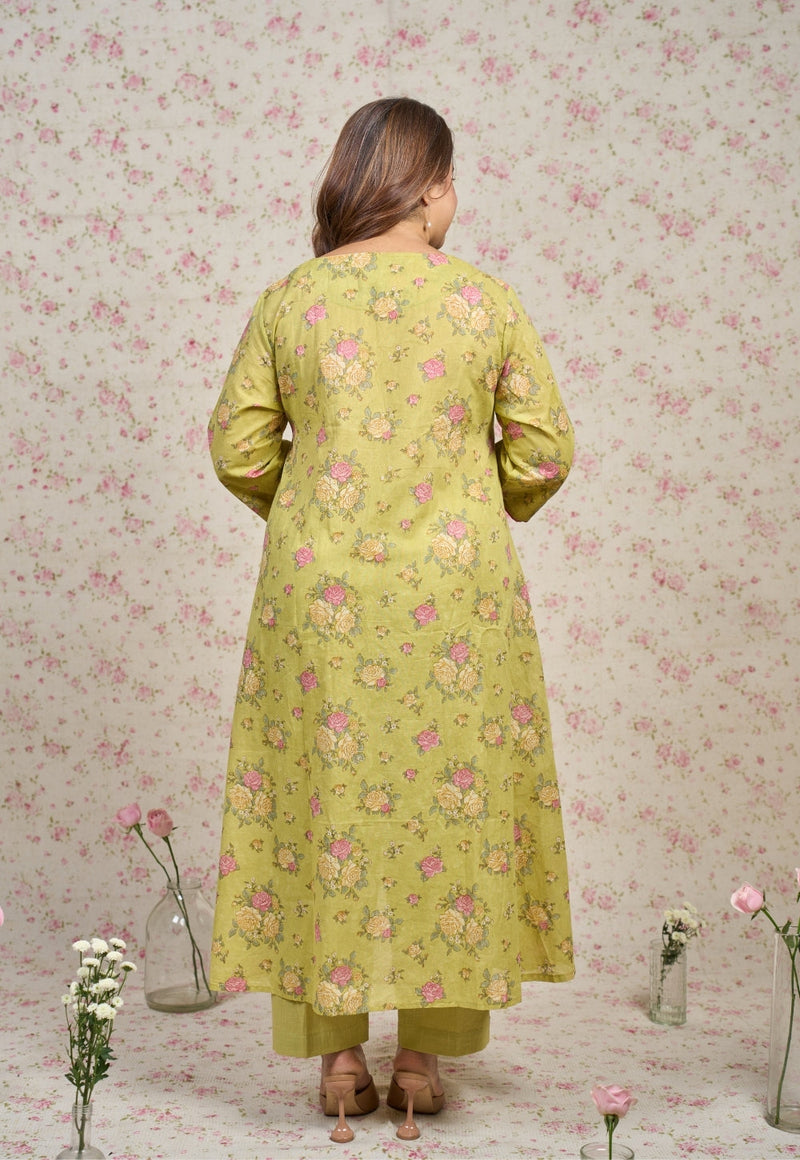 Lily Green Sanganeri Mul Cotton A Line Kurta