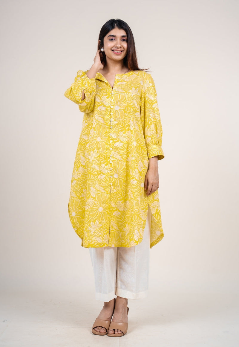 Akira Bright Yellow Printed Mul Straight Kurta