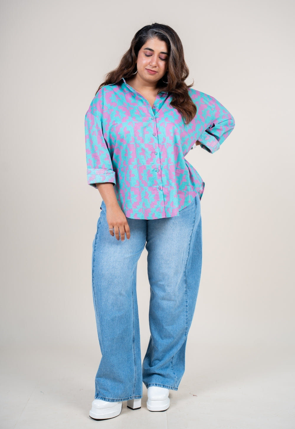 Ruhi Aqua Blue Printed Cotton Straight Shirt