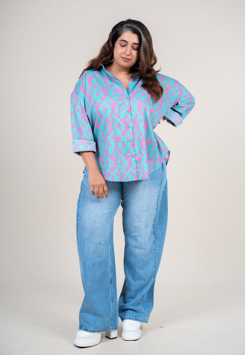 Ruhi Aqua Blue Printed Cotton Straight Shirt