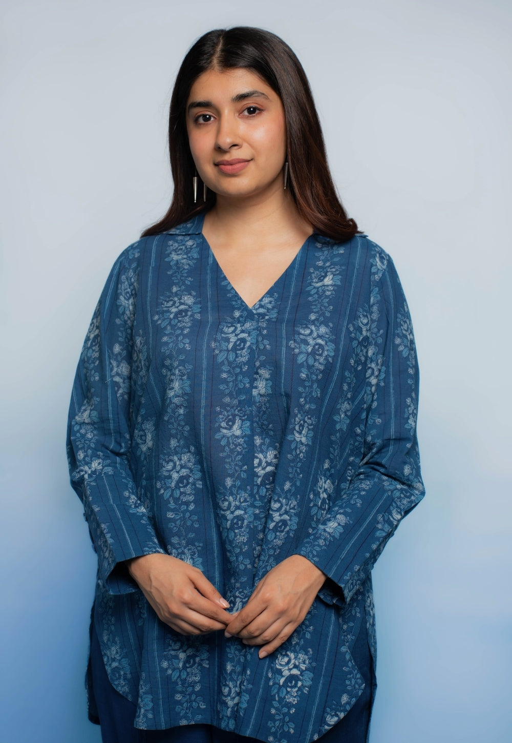 Zohal Blue Dabu Mul Cotton Straight Short Top