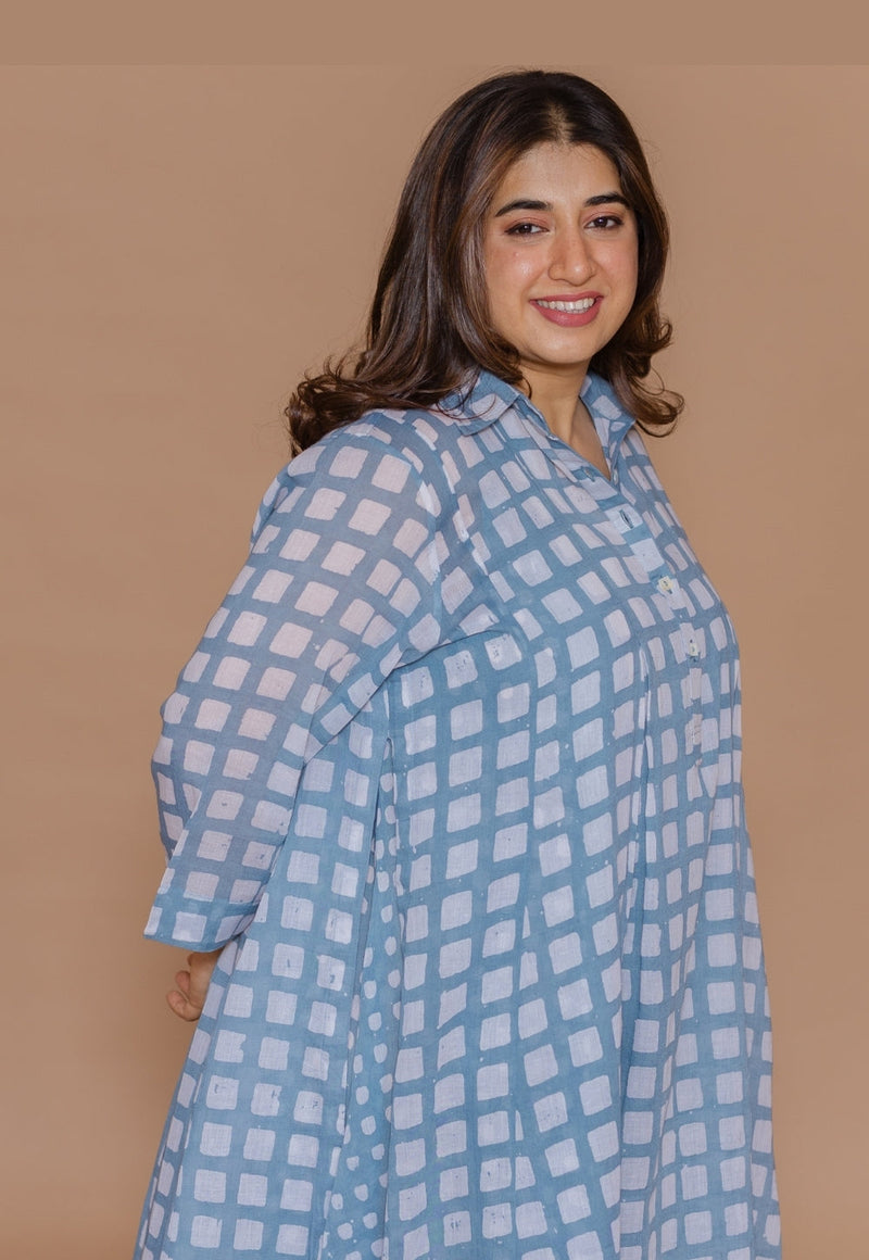 Safiya Blue Batik MulMul A Line Dress with Slip