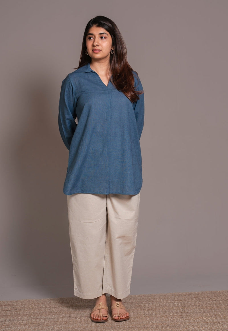 Blue Solid Slub Cotton Straight Short Top - DyeVerse