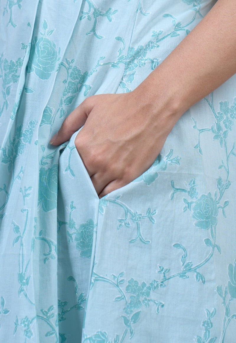 Clara Blue Sanganeri Mul Cotton A Line Dress
