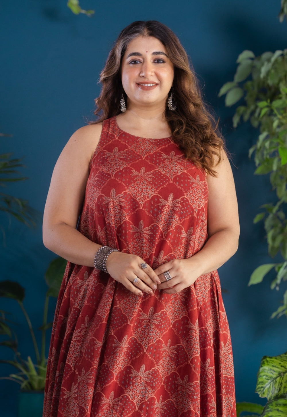 Avenza Red Ajrakh Cotton A Line Kurta