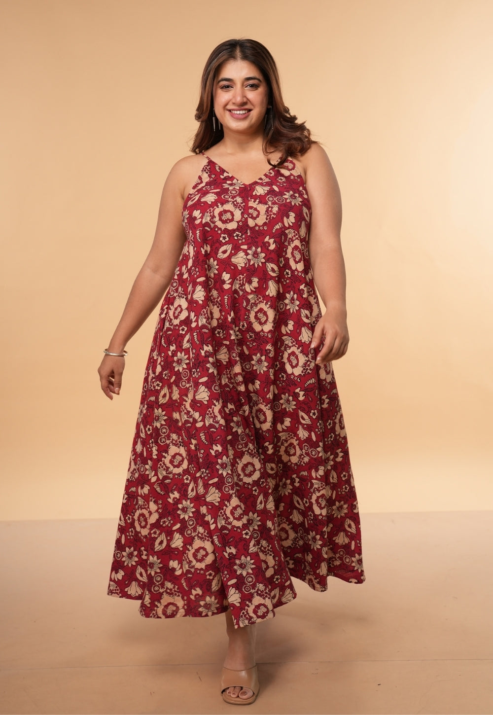 Sonam Red Dabu Slub  Cotton A Line Dress