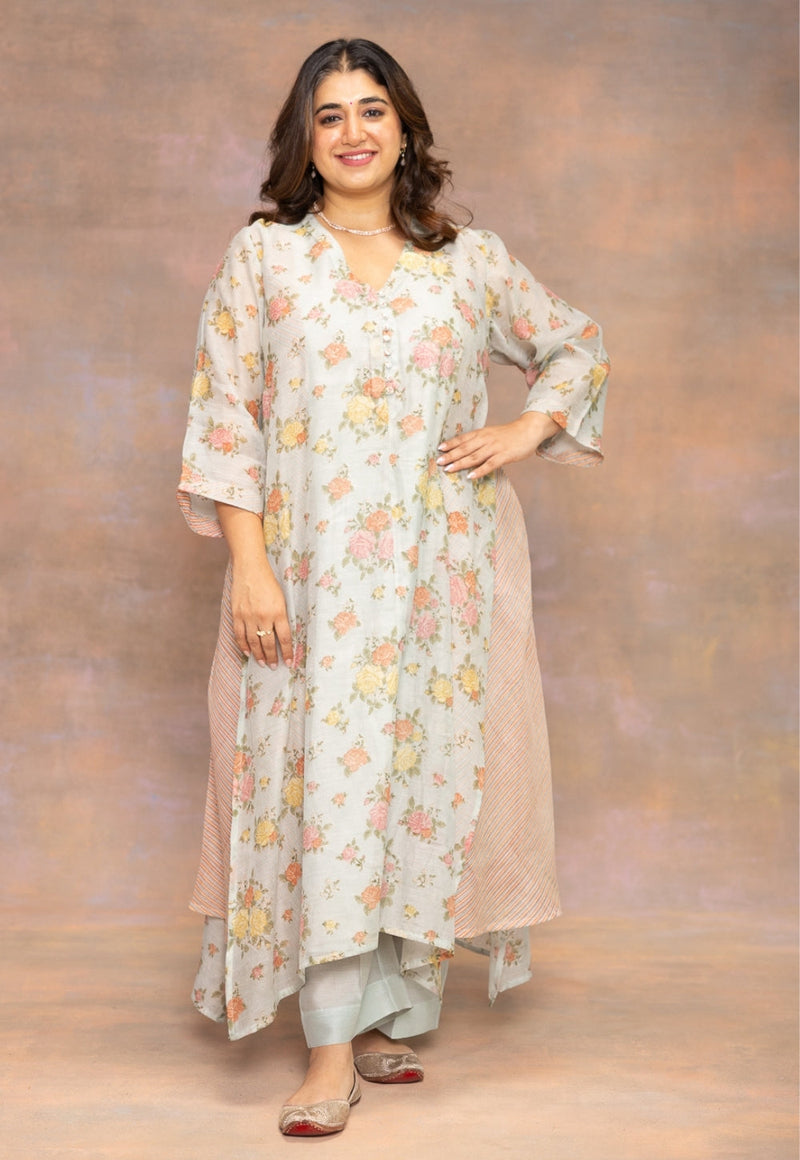 Rosalie Blue Sanganeri Chanderi Silk A Line Kurta with Hand Embroidery and Slip
