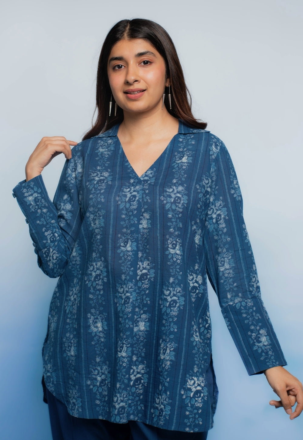 Zohal Blue Dabu Mul Cotton Straight Short Top