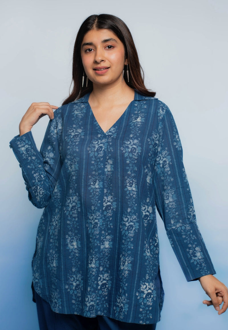 Zohal Blue Dabu Mul Cotton Straight Short Top