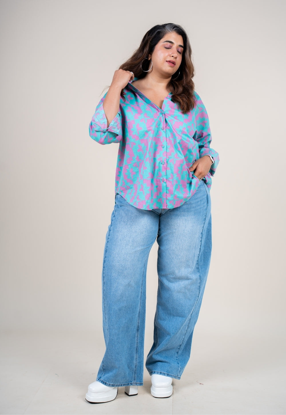 Ruhi Aqua Blue Printed Cotton Straight Shirt