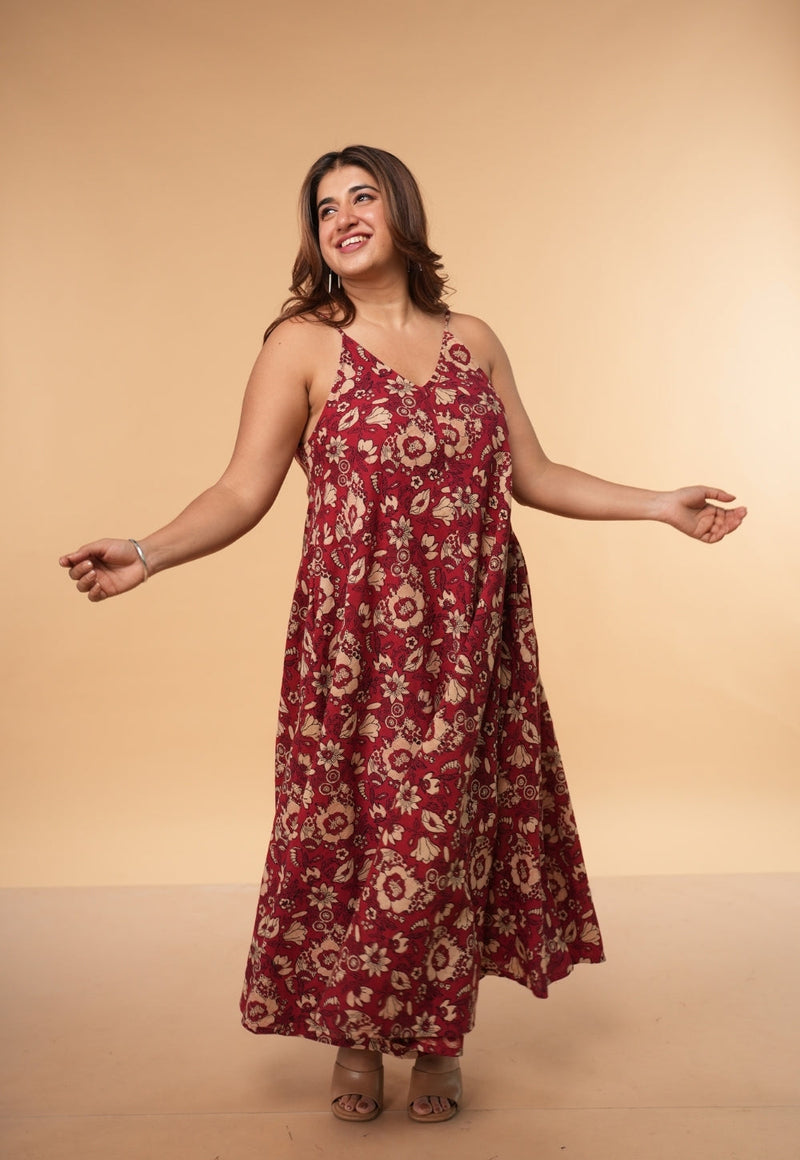 Sonam Red Dabu Slub  Cotton A Line Dress
