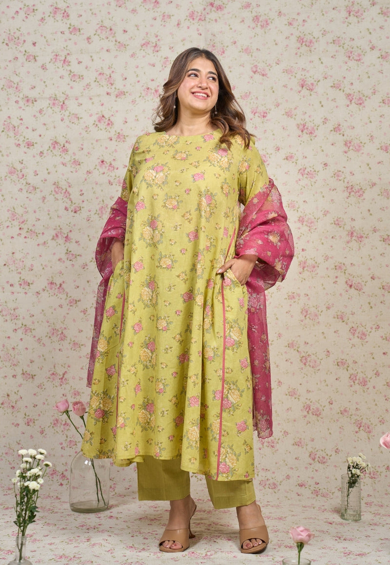 Lily Green Sanganeri Mul Cotton A Line Kurta