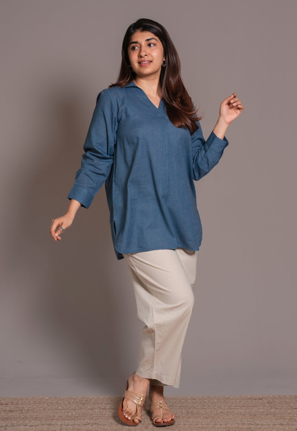 Blue Solid Slub Cotton Straight Short Top - DyeVerse