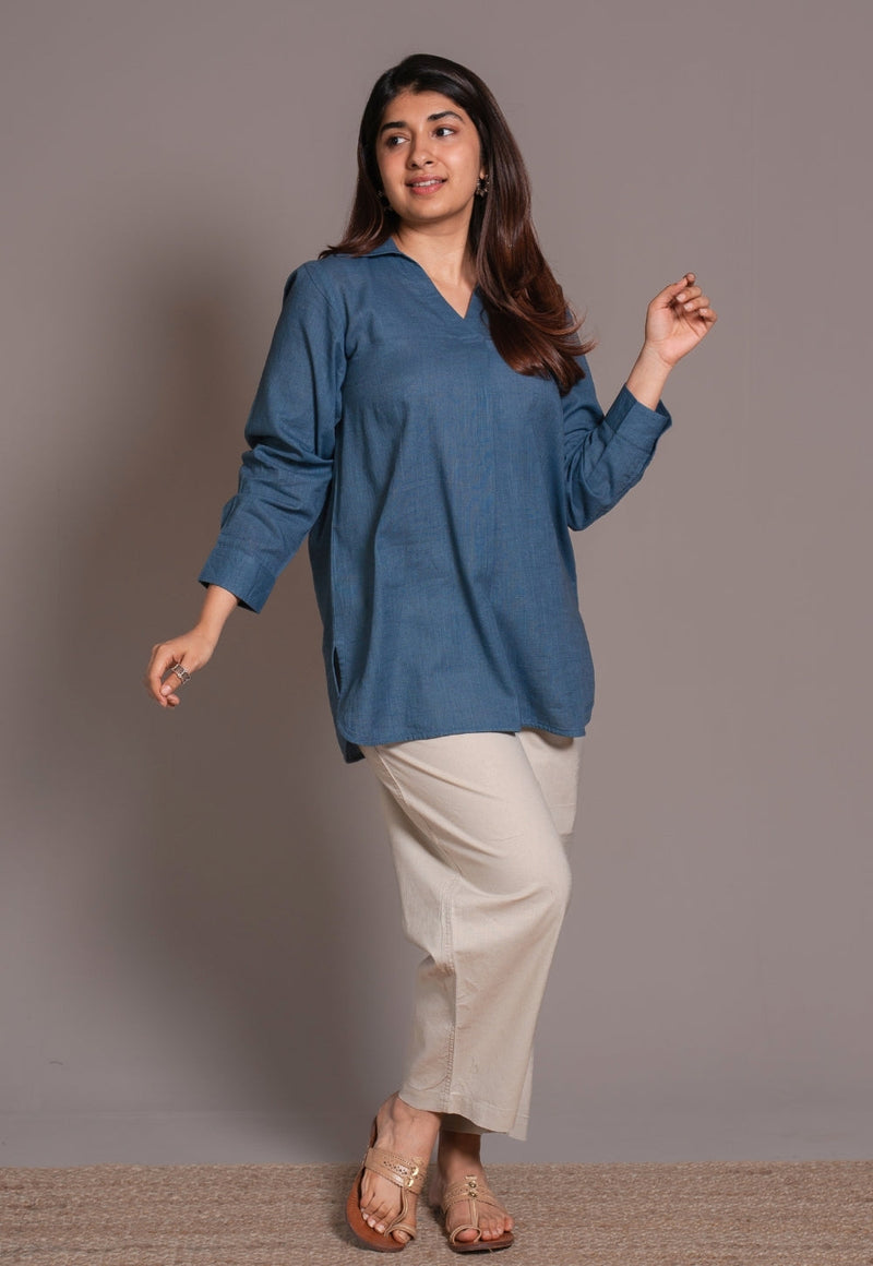 Blue Solid Slub Cotton Straight Short Top - DyeVerse