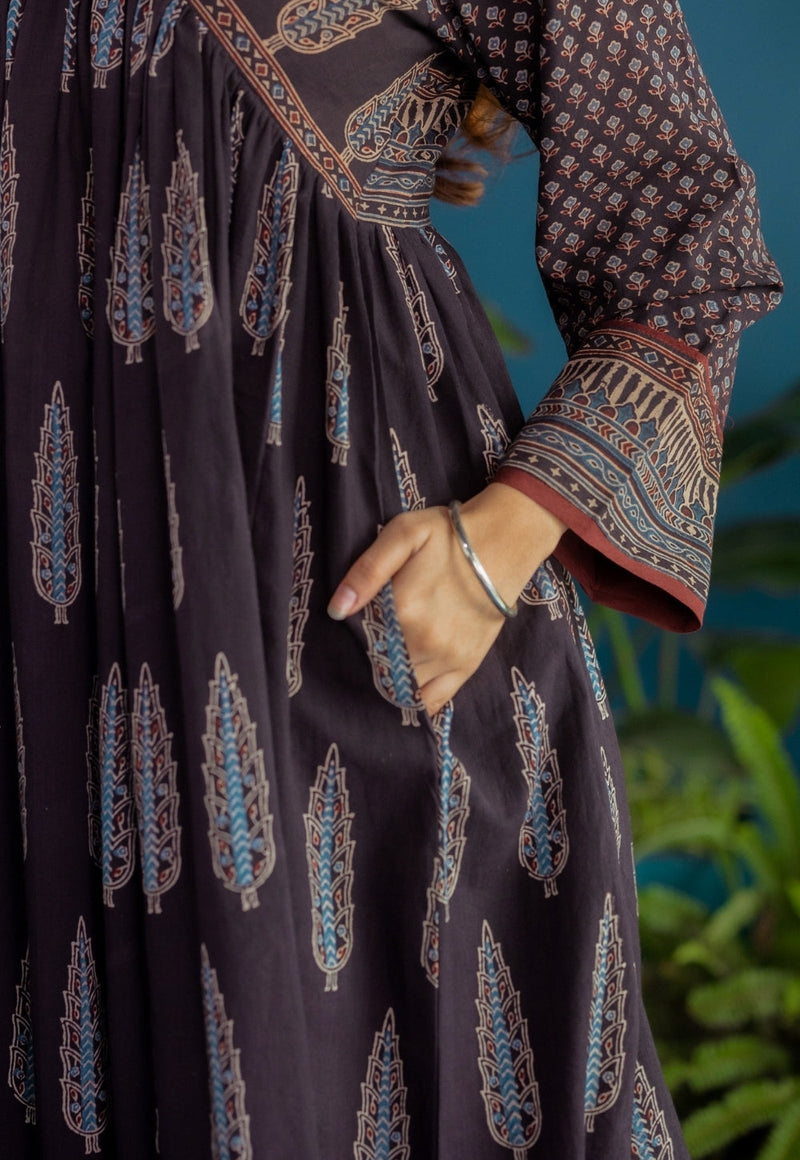Sneha Black Ajrakh Cotton A Line Kurta