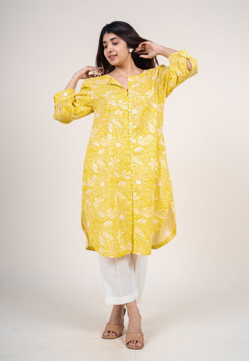 Akira Bright Yellow Printed Mul Straight Kurta