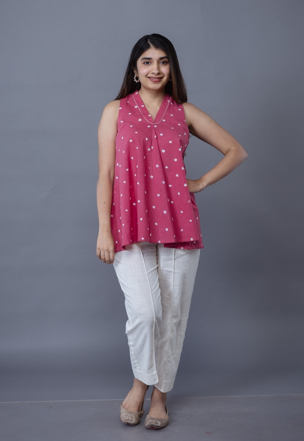 Zivya Pink Bandhani Cotton A Line Short Top