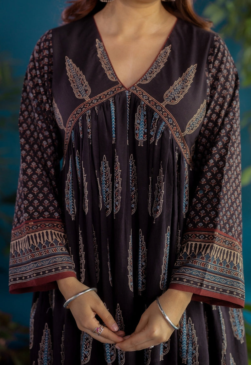 Sneha Black Ajrakh Cotton A Line Kurta