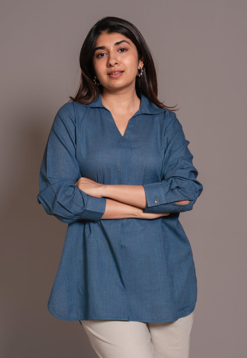 Blue Solid Slub Cotton Straight Short Top - DyeVerse
