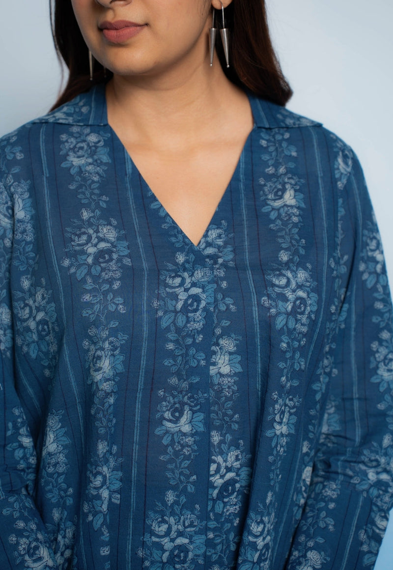 Zohal Blue Dabu Mul Cotton Straight Short Top