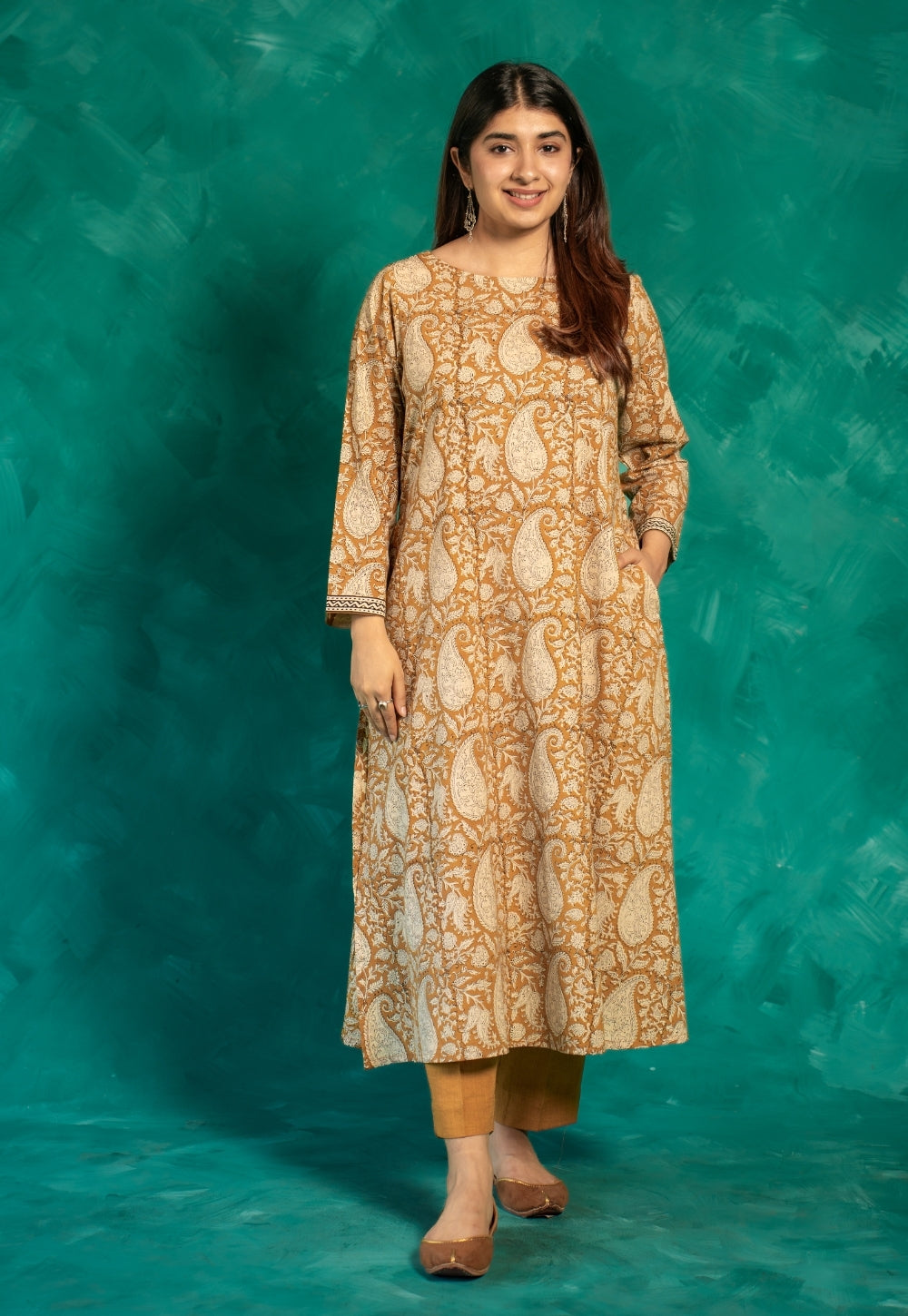 Zasha Yellow Bagru Cotton A Line Kurta
