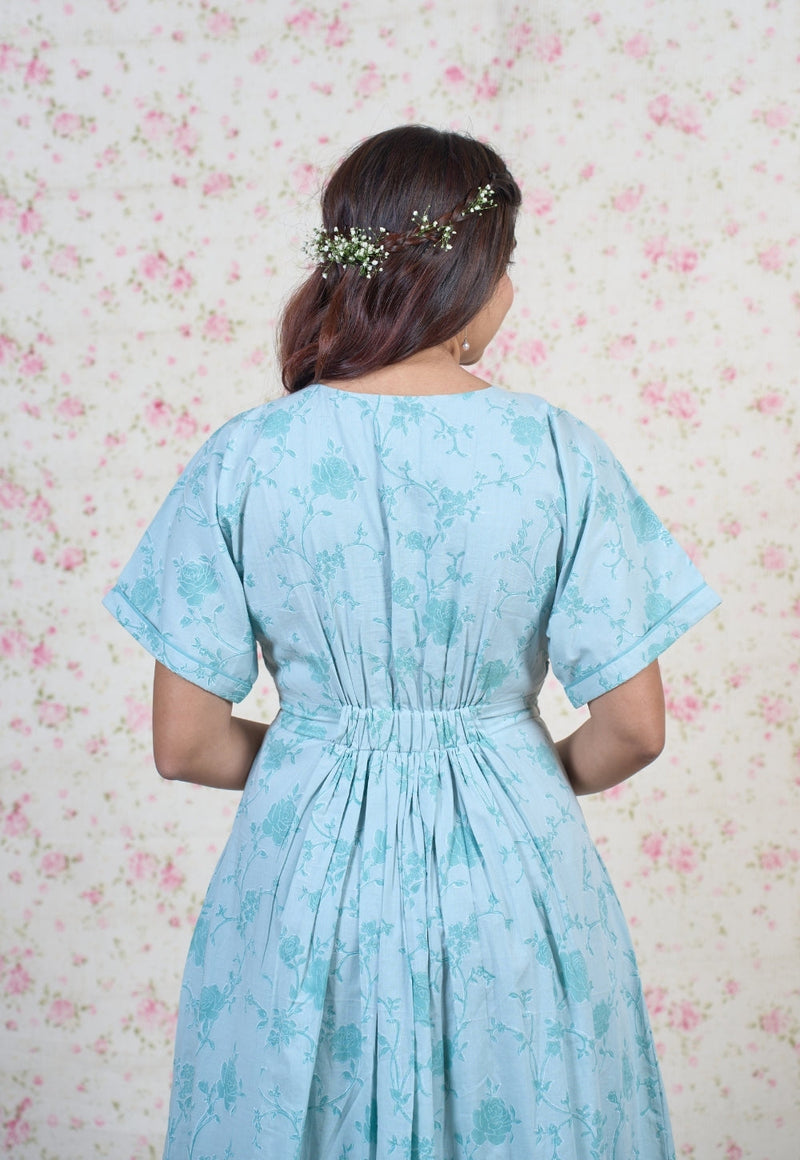 Clara Blue Sanganeri Mul Cotton A Line Dress