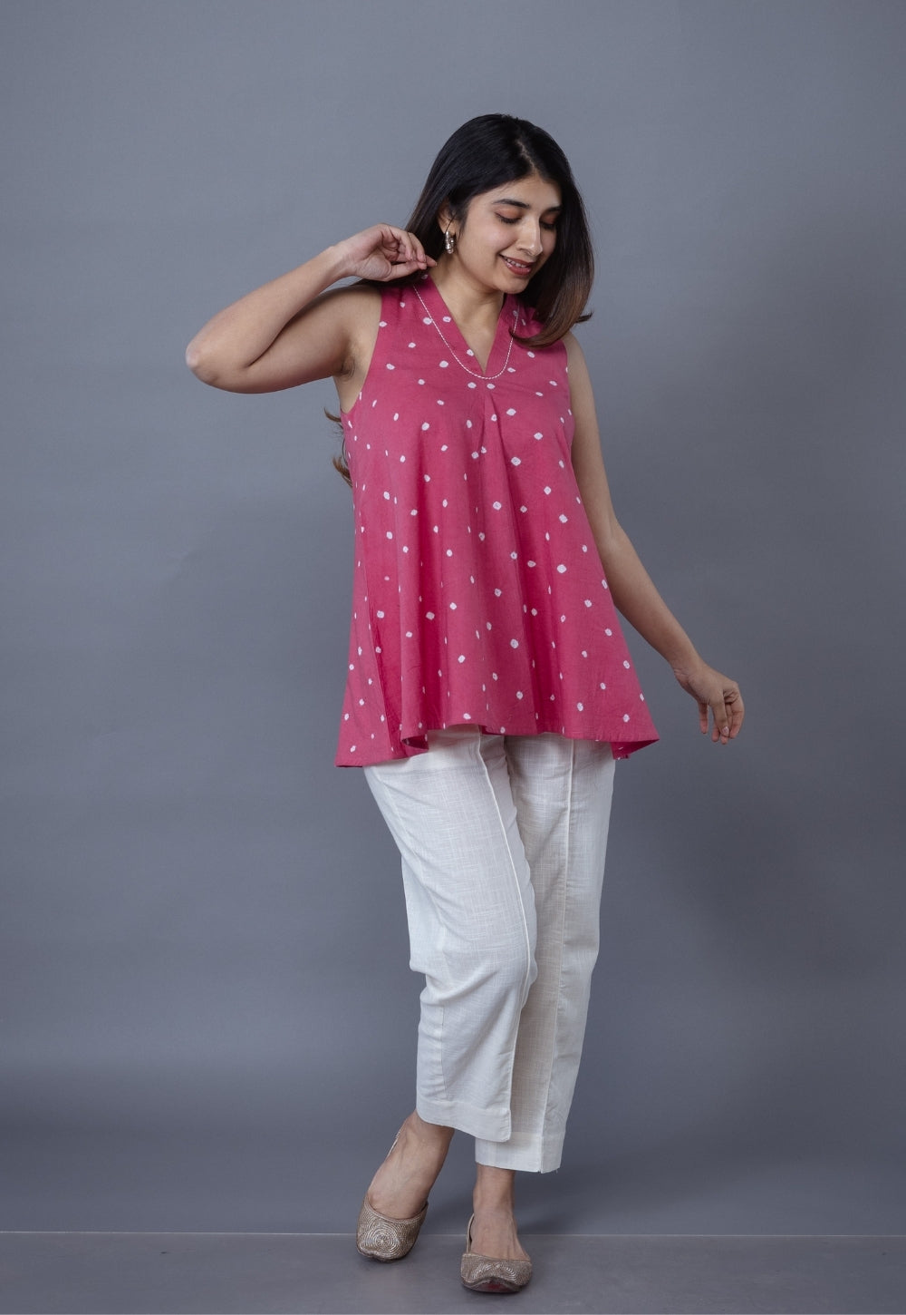 Zivya Pink Bandhani Cotton A Line Short Top