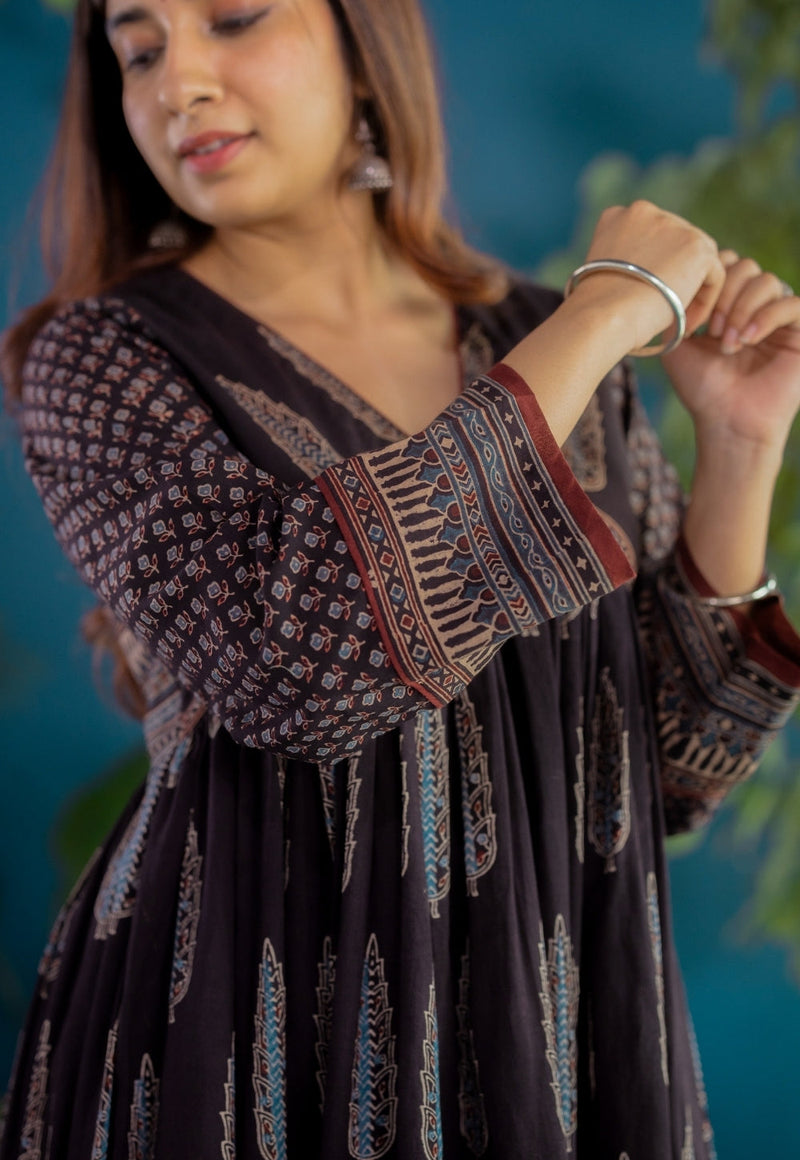 Sneha Black Ajrakh Cotton A Line Kurta