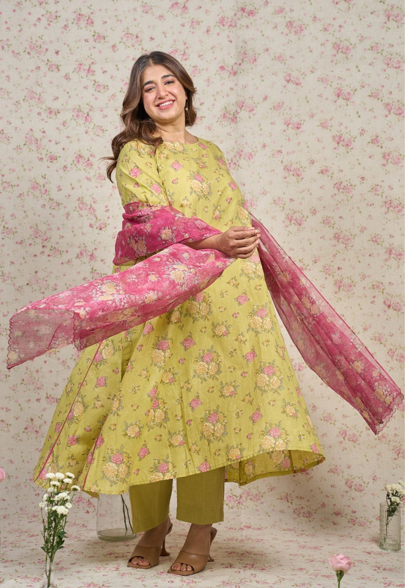 Lily Green Sanganeri Mul Cotton A Line Kurta