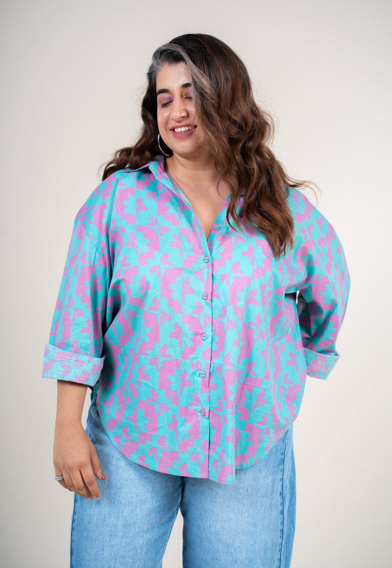 Ruhi Aqua Blue Printed Cotton Straight Shirt