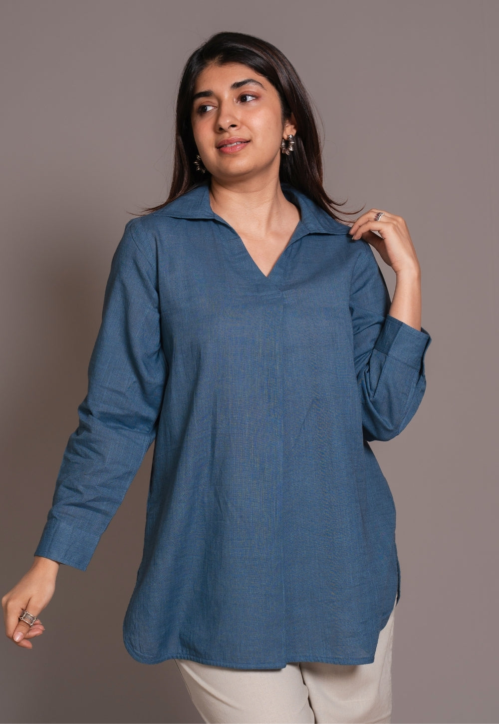 Blue Solid Slub Cotton Straight Short Top - DyeVerse