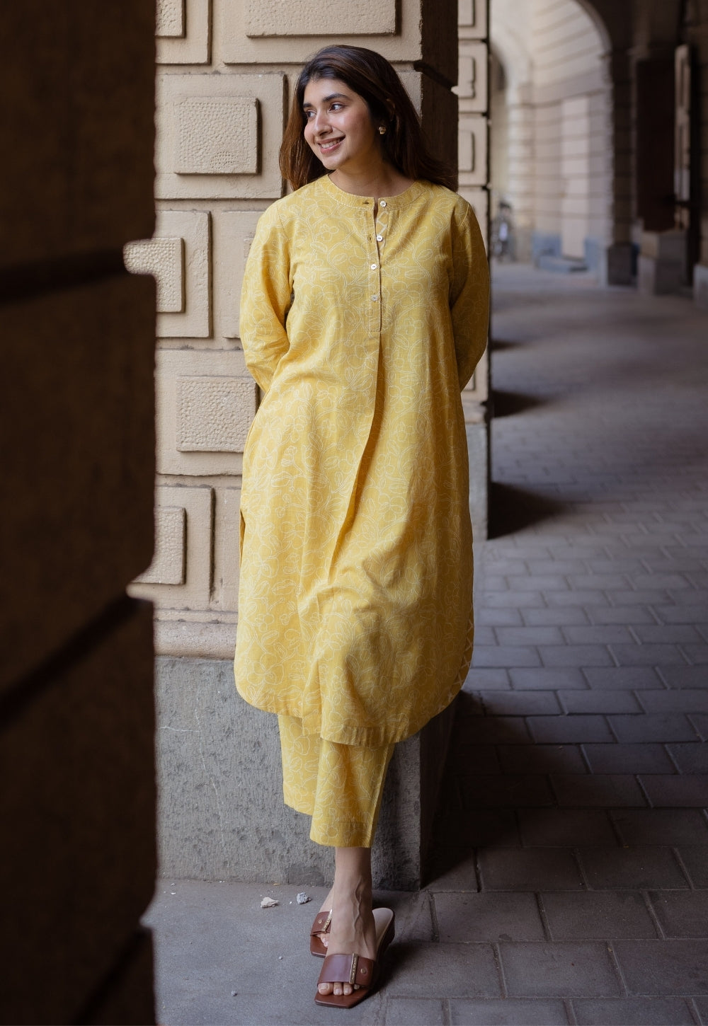 Asma Mustard Hand Block Print Slub Cotton A Line Kurta with Hand Embroidery