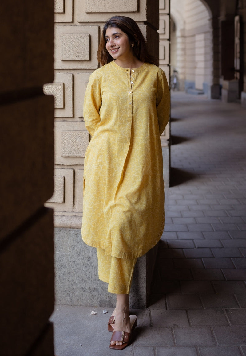 Asma Mustard Hand Block Print Slub Cotton A Line Kurta with Hand Embroidery