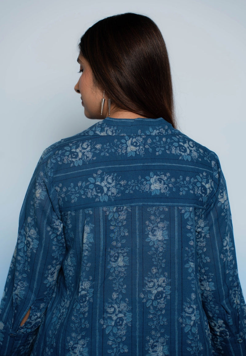 Zohal Blue Dabu Mul Cotton Straight Short Top