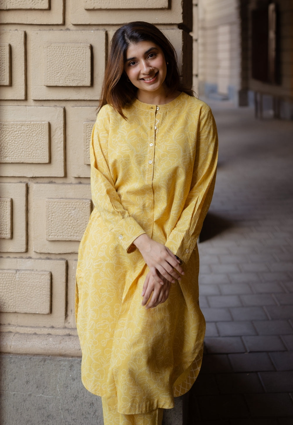 Asma Mustard Hand Block Print Slub Cotton A Line Kurta with Hand Embroidery