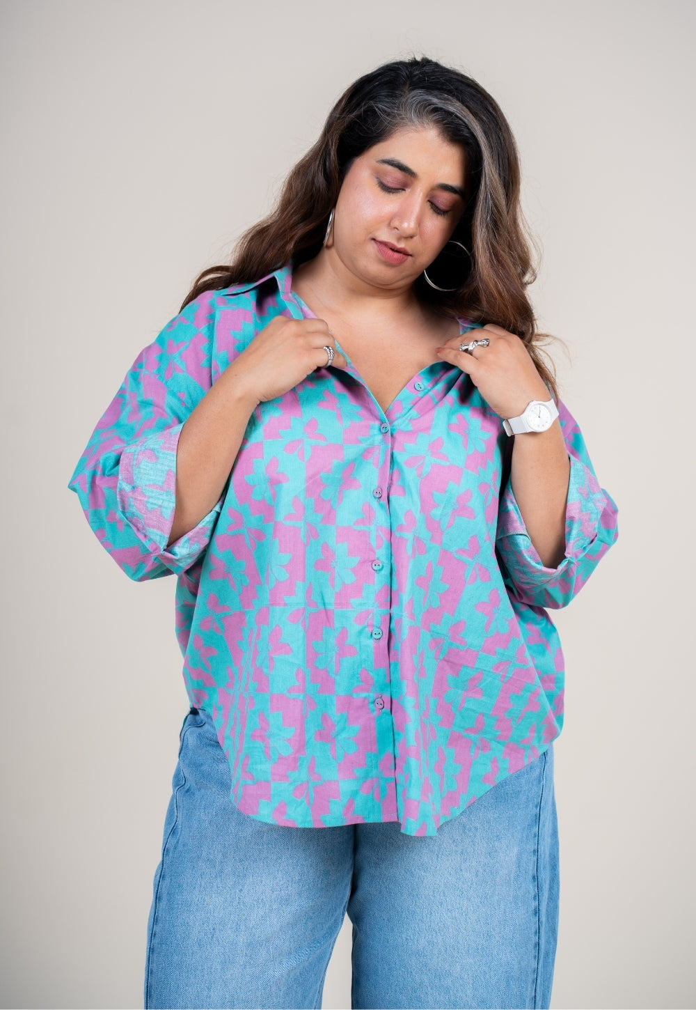 Ruhi Aqua Blue Printed Cotton Straight Shirt