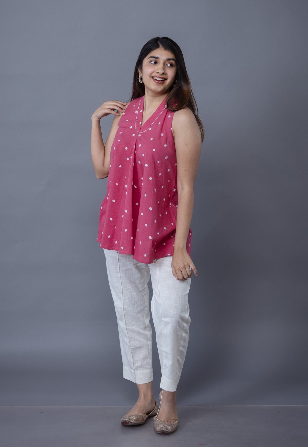 Zivya Pink Bandhani Cotton A Line Short Top