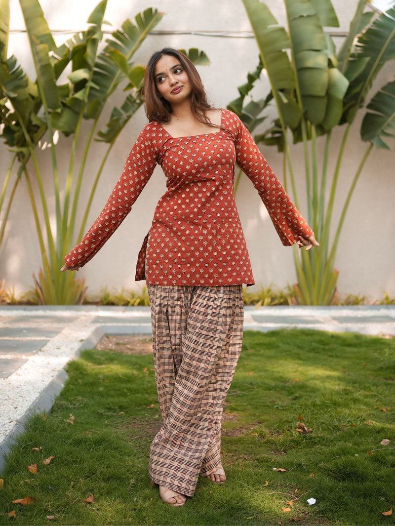 Desert Rose Red Cotton Kurta Set with Checked Farshi Salwar