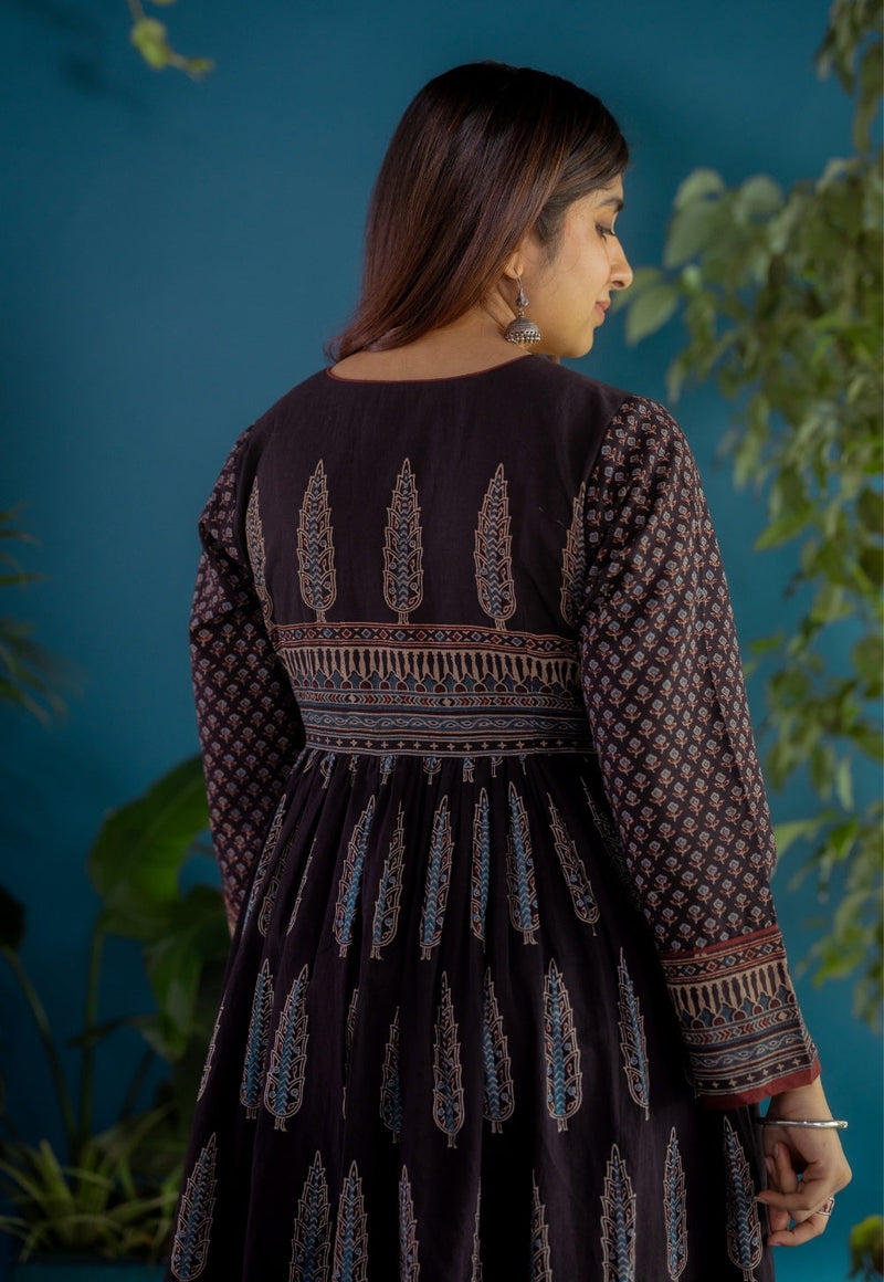 Sneha Black Ajrakh Cotton A Line Kurta