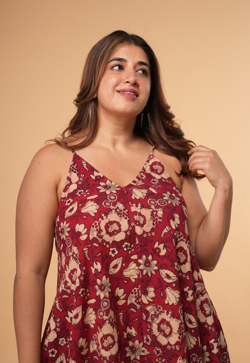 Sonam Red Dabu Slub  Cotton A Line Dress