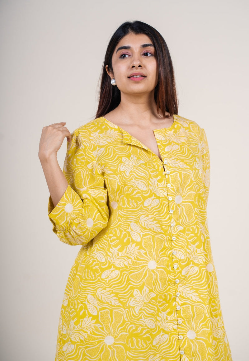Akira Bright Yellow Printed Mul Straight Kurta
