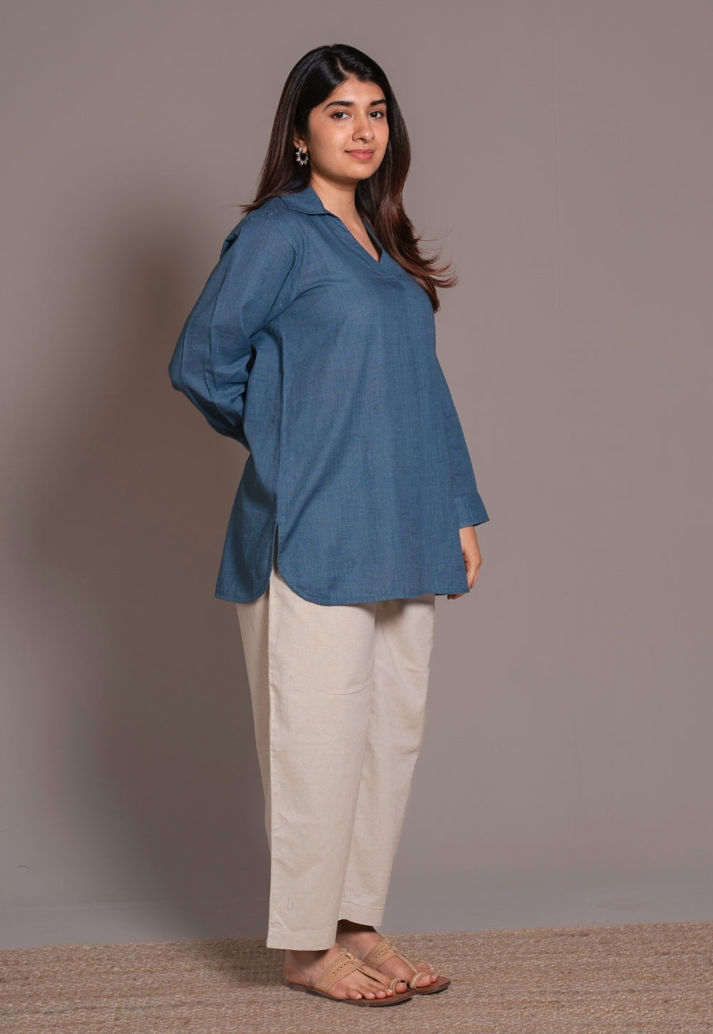 Blue Solid Slub Cotton Straight Short Top - DyeVerse