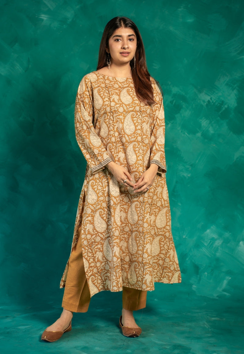 Zasha Yellow Bagru Cotton A Line Kurta