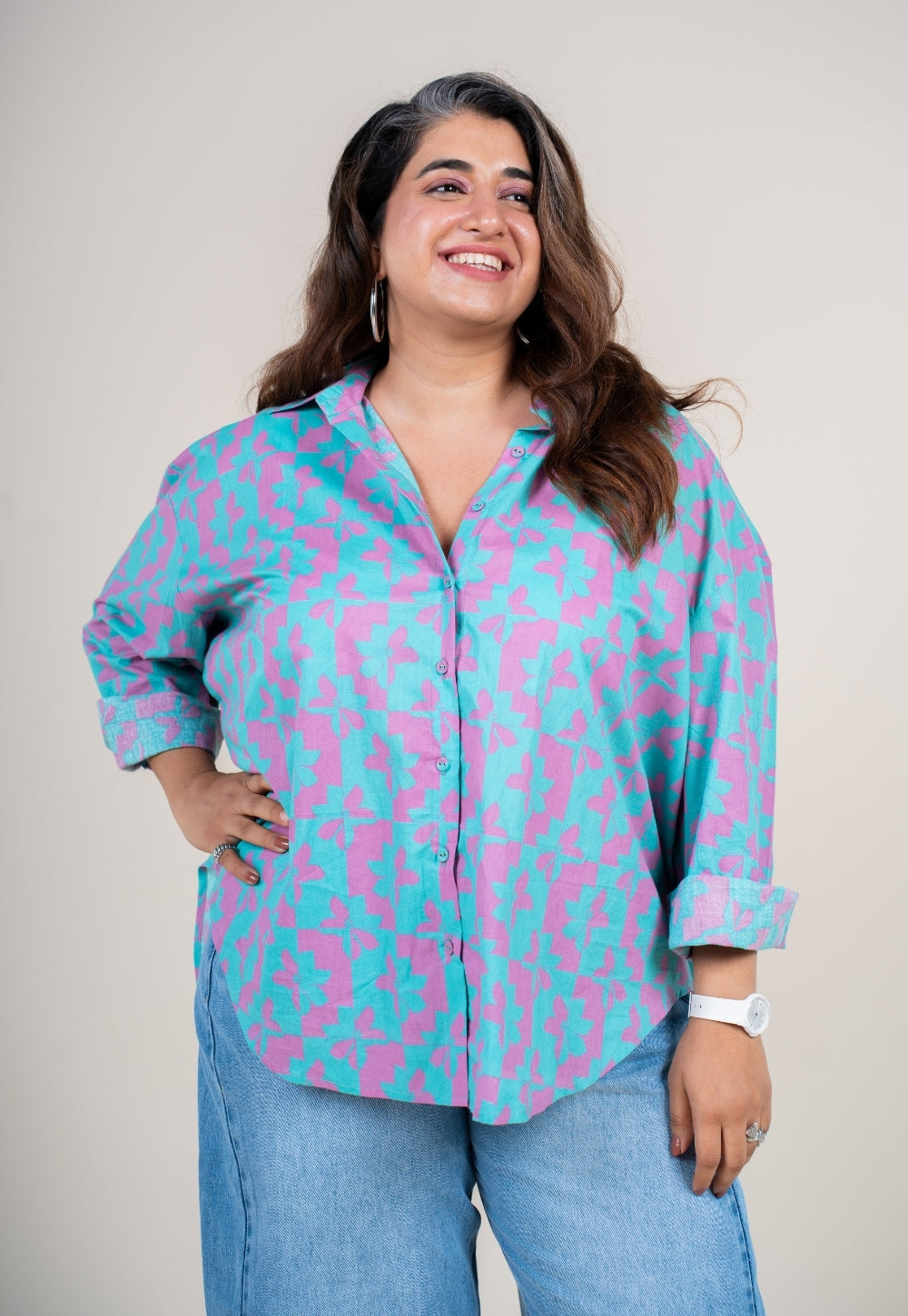 Ruhi Aqua Blue Printed Cotton Straight Shirt