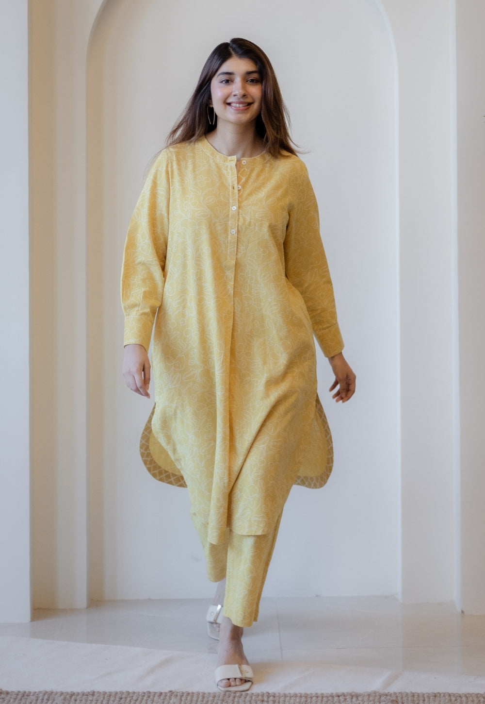 Asma Mustard Hand Block Print Slub Cotton A Line Kurta with Hand Embroidery